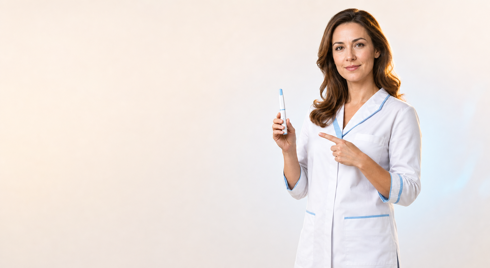 Medical professional presenting a white and blue injection pen